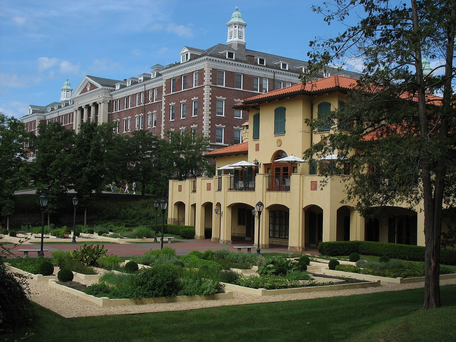 Roth Hall and the Colavita Center for Italian Food and Wine at the Culinary Institute of America in Hyde Park, New York, with herb gardens in the foreground